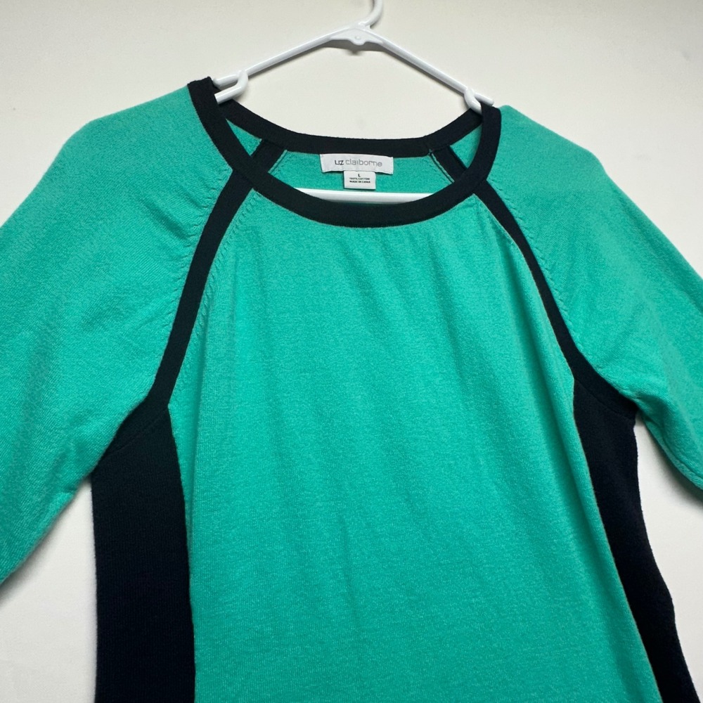 Liz Claiborne Turquoise and Black 3/4 Sleeves 100%‎ Cotton Sweater Womens Large
